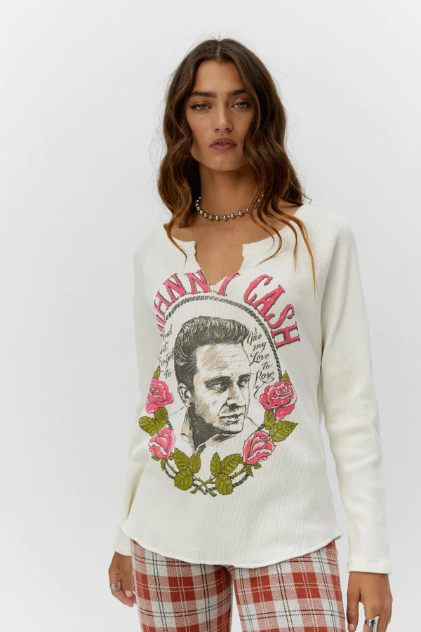 Johnny Cash Roses Notch Neck Thermal